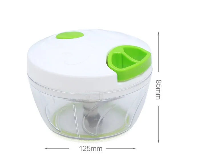 Green manual food chopper with three stainless steel blades and 500ml plastic container