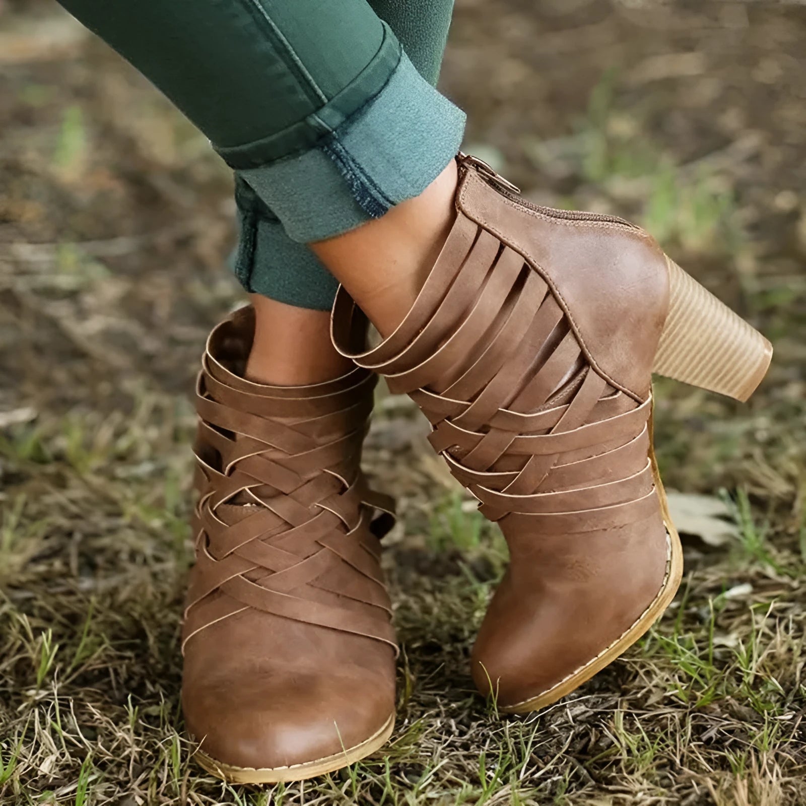 Women's suede thick heel hollow short boots with back zipper in camel colour