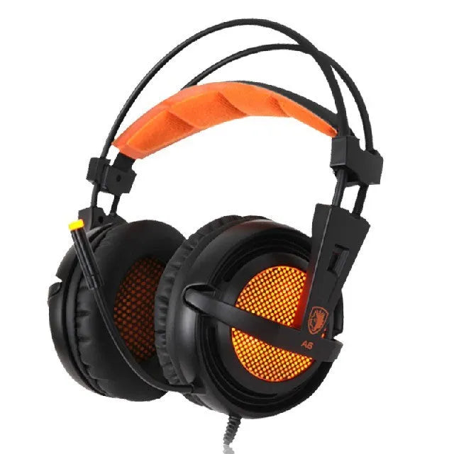 Black and white USB gaming headset with LED lights on ear cups and padded headband.