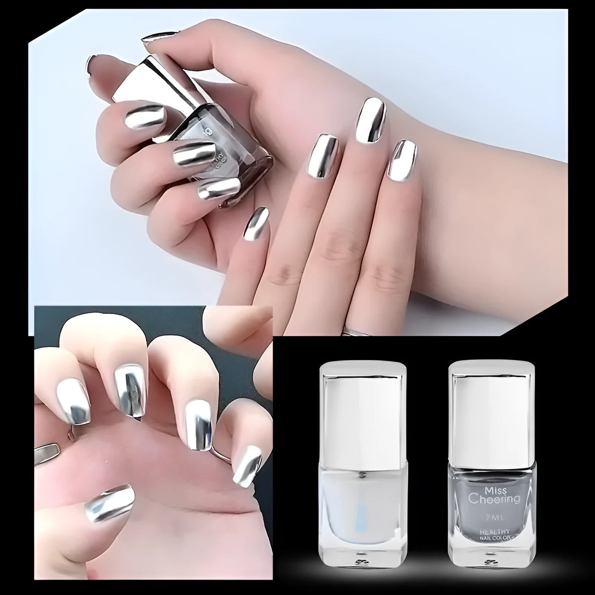 Mirror silver nail polish bottle with stainless-steel ball, water-soluble pure silver paste, base coat and silvery style options