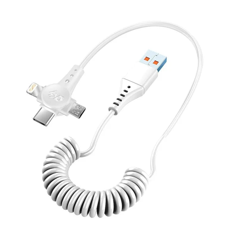 Black telescopic charging cable extended to 1.5 metres with Lightning, Micro USB and Type-C connectors visible