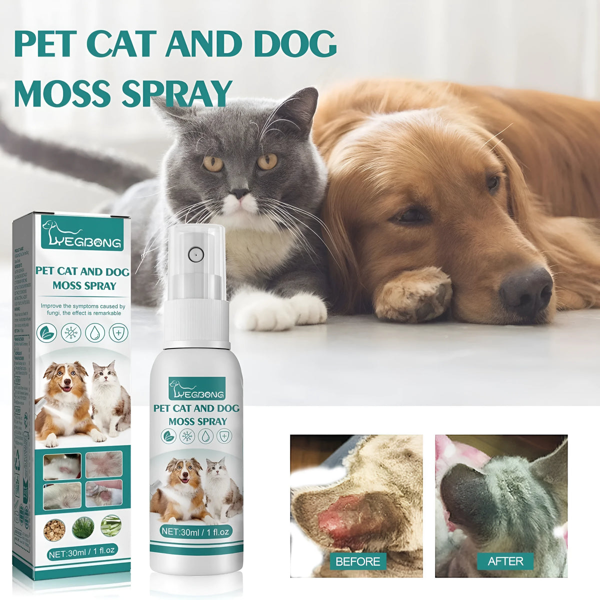 30ml pet cat dog moss spray bottle with kuh-Seng, Guanzhong, and aloe extracts for mite removal and anti-itching