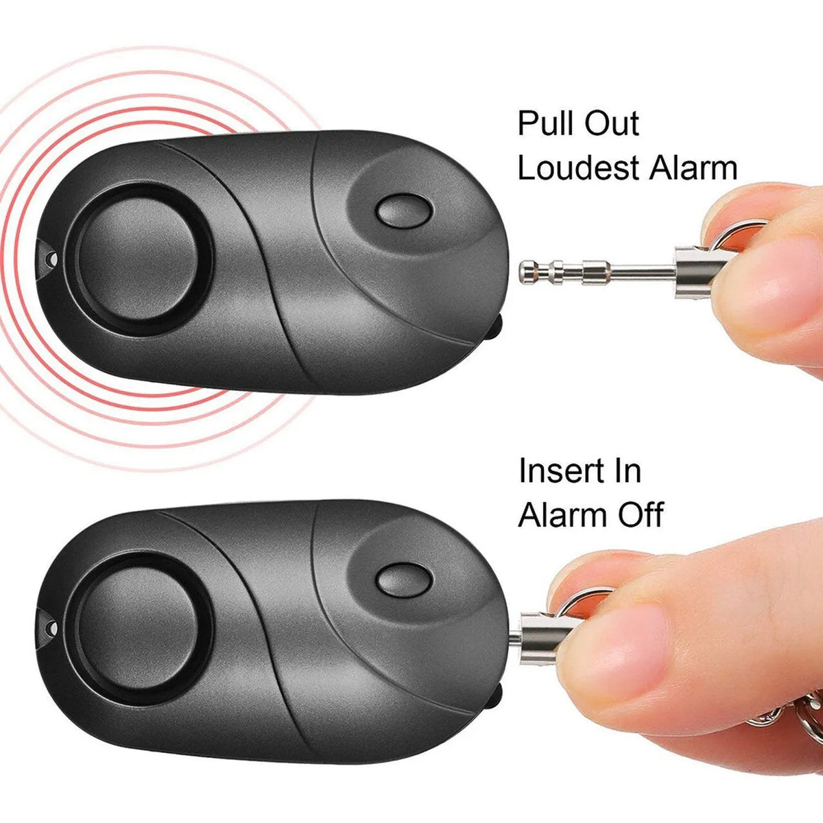High decibel personal alarm pager keyring with 130dB siren, LED flashlight, and lanyard activation in black.