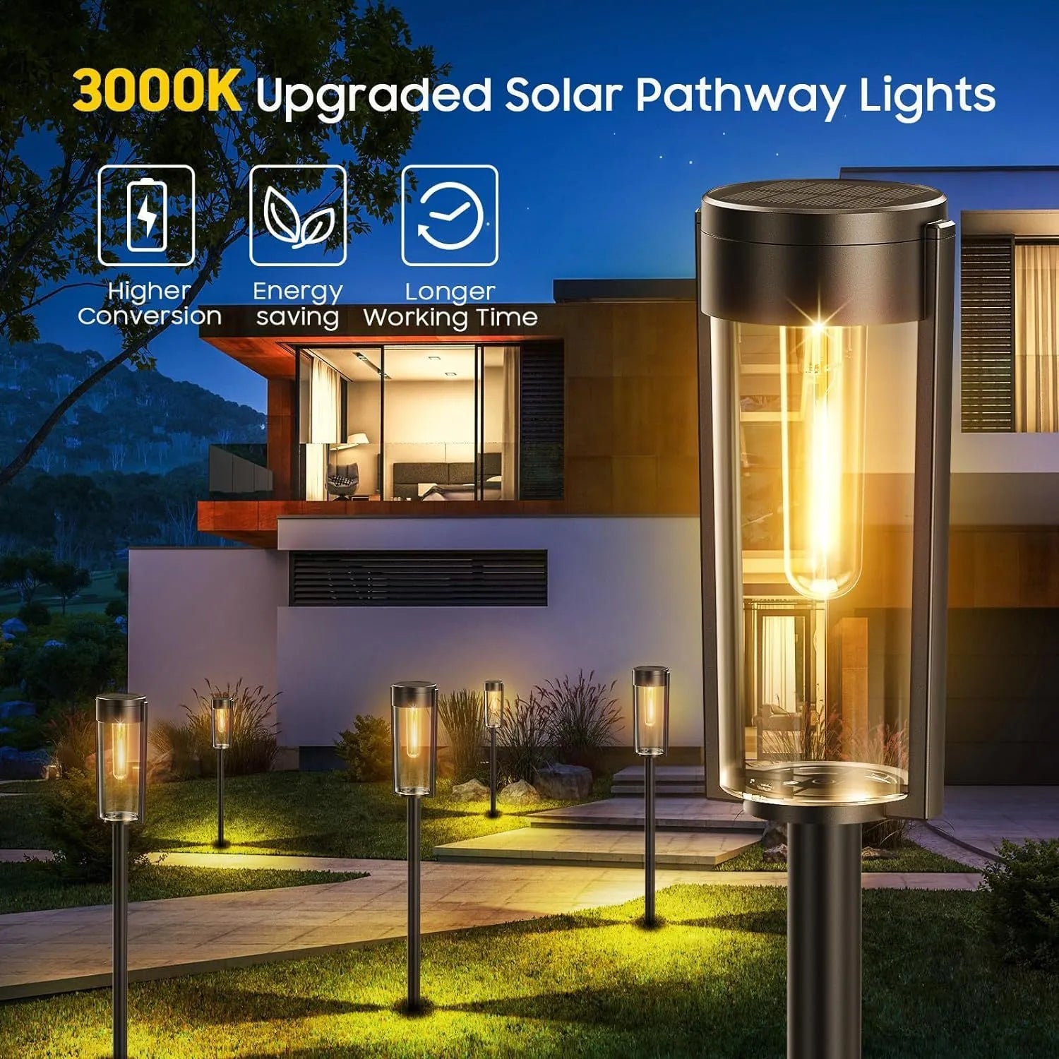 Round tungsten wire solar lawn lamp on grass in a garden courtyard emitting warm light