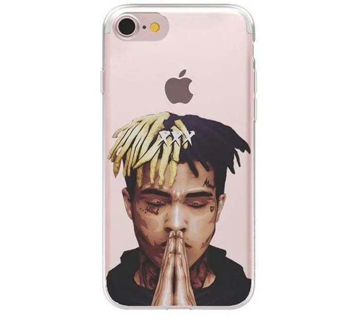 Transparent matte half-wrapped iPhone case with XXXTentacion pattern design showing dirt-resistant anti-knock protection.