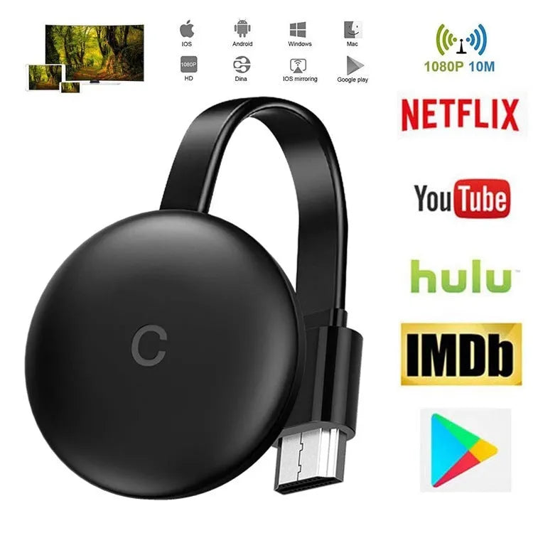 Compact black wireless display adapter for Apple devices, 4K resolution with AirPlay and Miracast support, made of ABS plastic