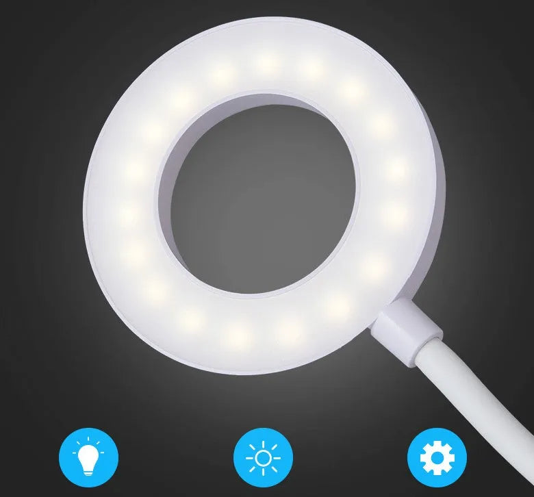 LED folding eye protection table lamp in beige, white, or three colour, with aluminium and ABS body, 8W output, and rechargeable battery