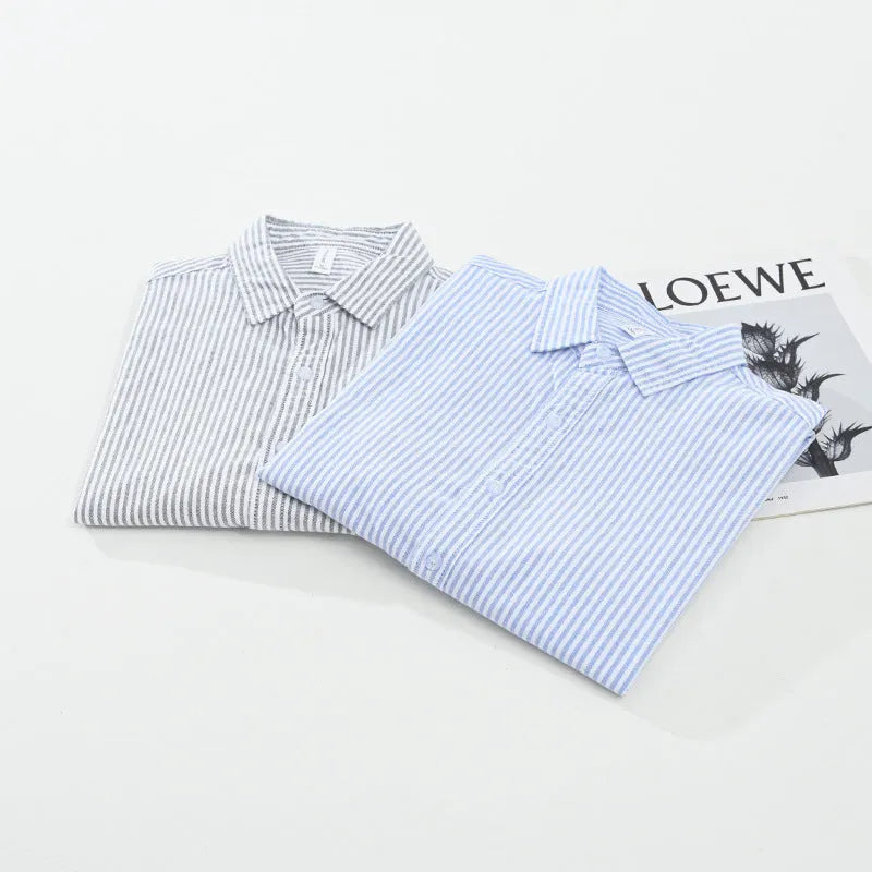 Men's loose long-sleeved vertical striped shirt in pure cotton, grey or blue and white stripes, sizes M to 3XL