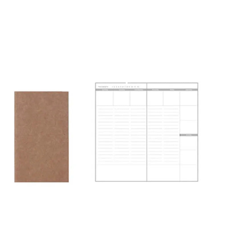 A5 kraft paper travel diary notebook with saddle stitching, open to show lined pages, on a wooden surface