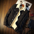 Men's fleece-lined denim coat, loose fit, long drawstring sleeves, sizes S-4XL, black light blue dark blue.