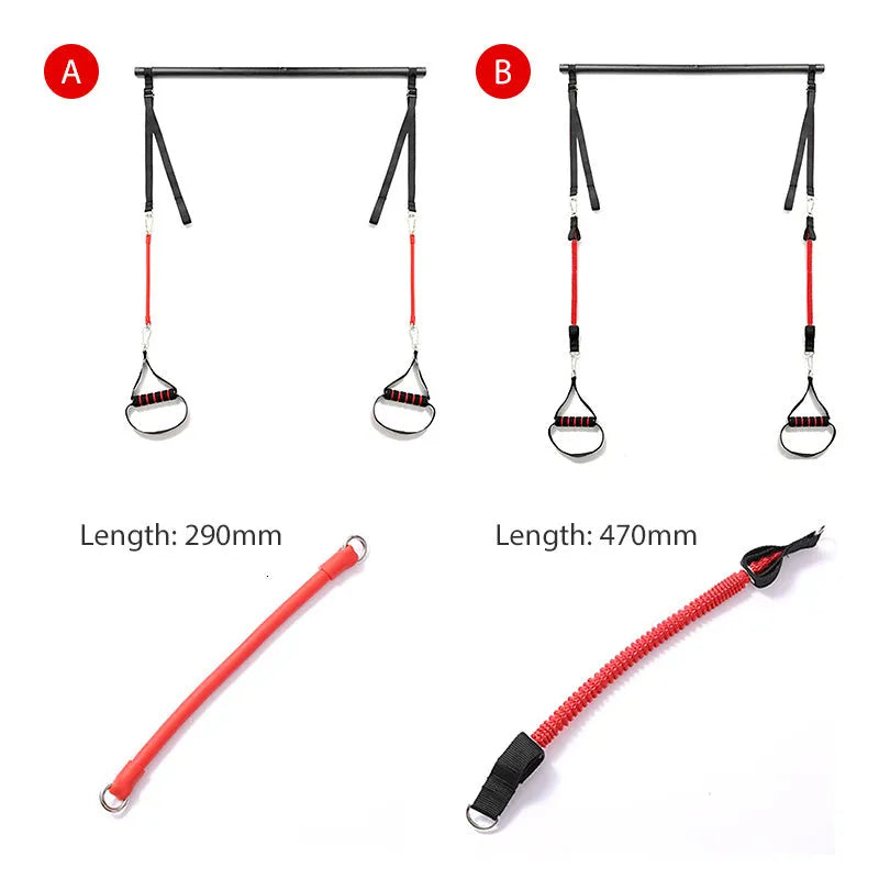 Body workout trainer bar with resistance bands and rubber buckles on a home gym floor