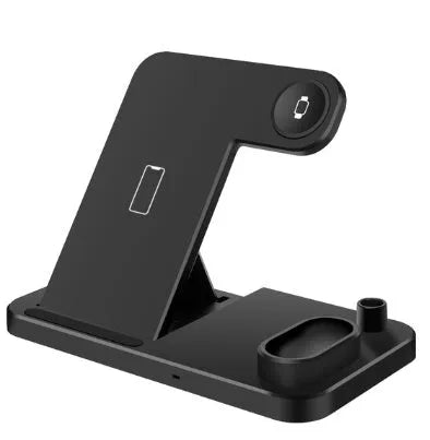Black 4-in-1 wireless charging station with phone on adjustable stand, charging Apple Watch, AirPods, and Apple Pencil.