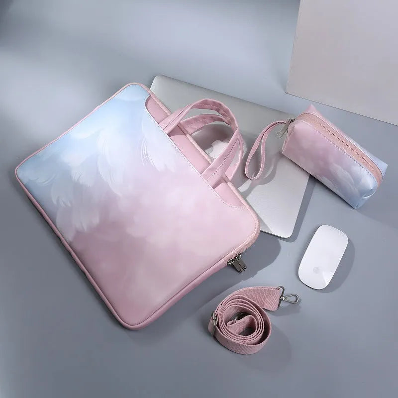 Huawei Glory mini shoulder computer bag in pink imitation leather with cartoon pattern and zipper pocket