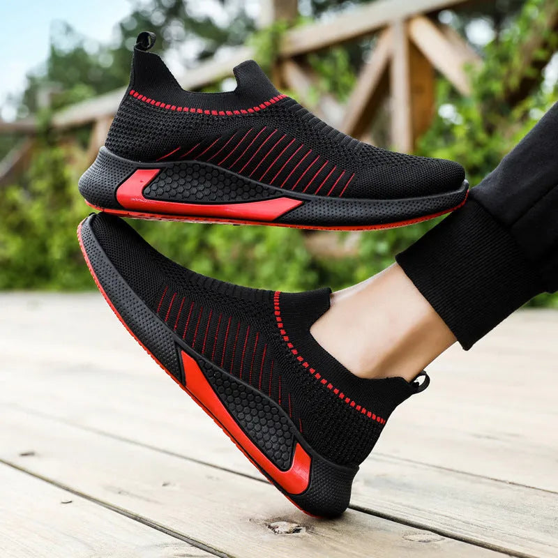 Men's mesh sock slip-on sneakers with striped design and flyknit upper in black colour
