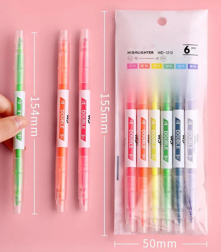 Set of six double-headed marker pens showing round and oblique tips, in assorted colours.