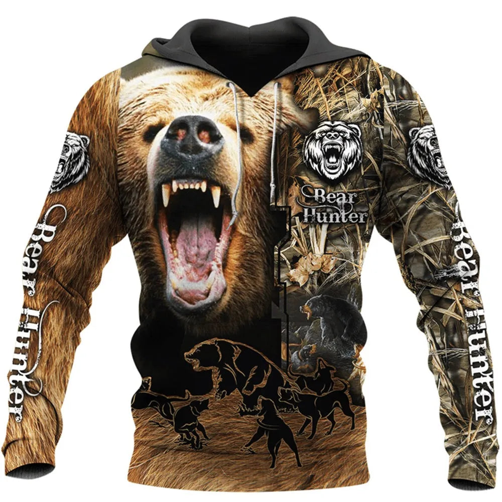 Men's hunting camo 3D printed zip hoodie in youth style, front view showing full zipper and camo pattern