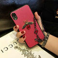 Rhinestone bee phone case with gemstone bracelet in red, green, or silver grey for Apple iPhone models