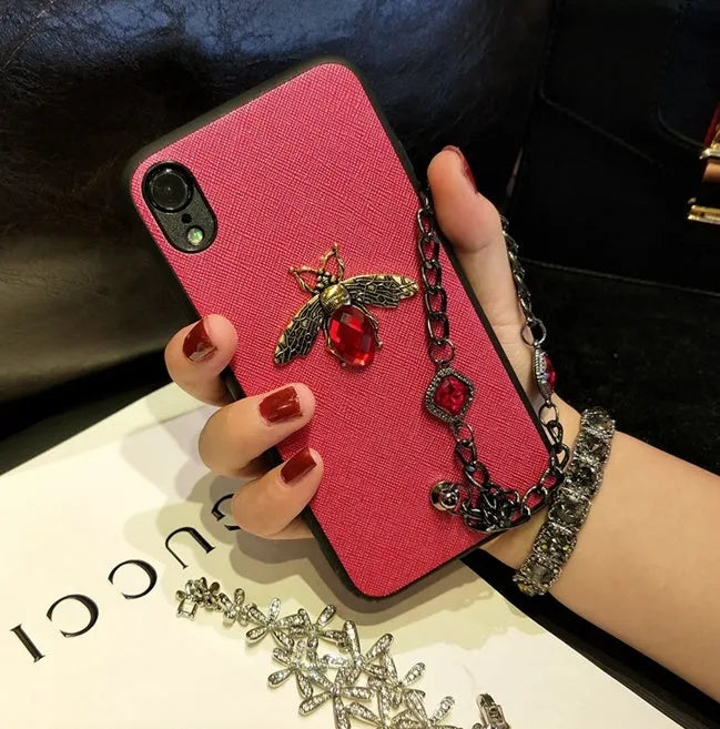 Rhinestone bee phone case with gemstone bracelet in red, green, or silver grey for Apple iPhone models