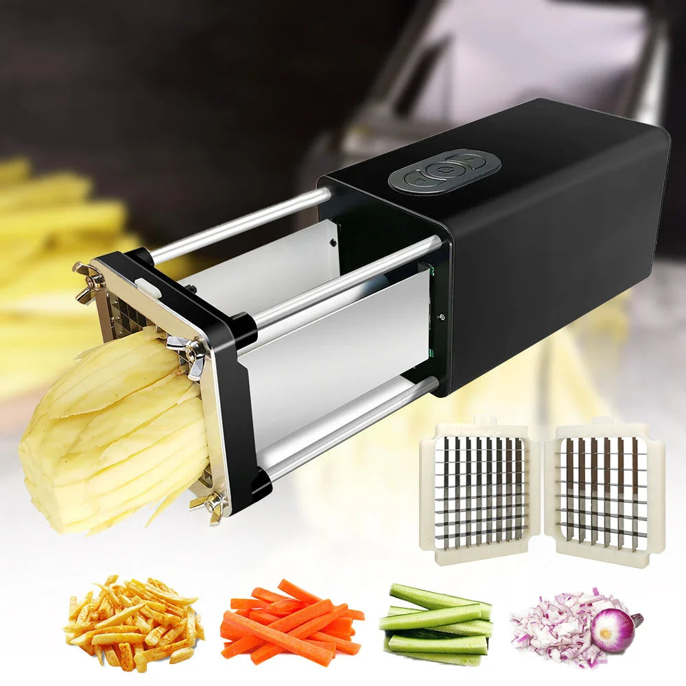 Powerful electric french fry cutter machine with stainless steel blades for slicing potatoes, carrots, and other vegetables