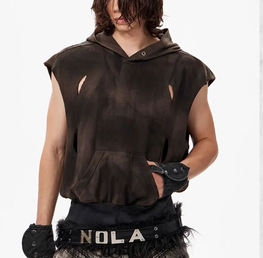 Khaki coloured cotton short hooded vest with short sleeves on a hanger.