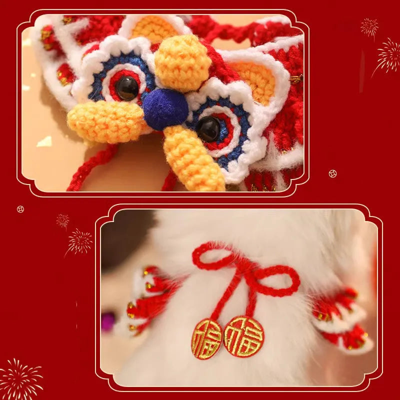 Red New Year pet scarf collar for cats and dogs in Lion Dance Blessing, Nian Beast, Peace and joy, and Red lion styles, sizes S and M.