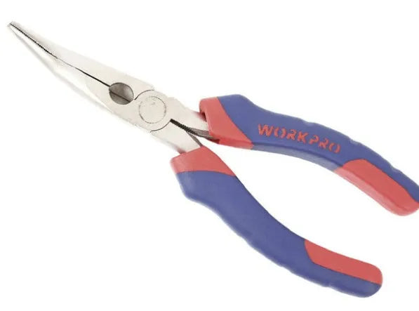Blue and black handled curved nose pliers on a workbench, showing angled jaw tips.