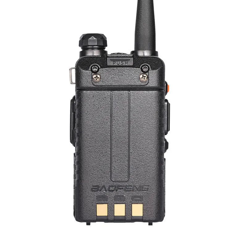 Black professional two-way radio walkie talkie with antenna, showing compact dimensions