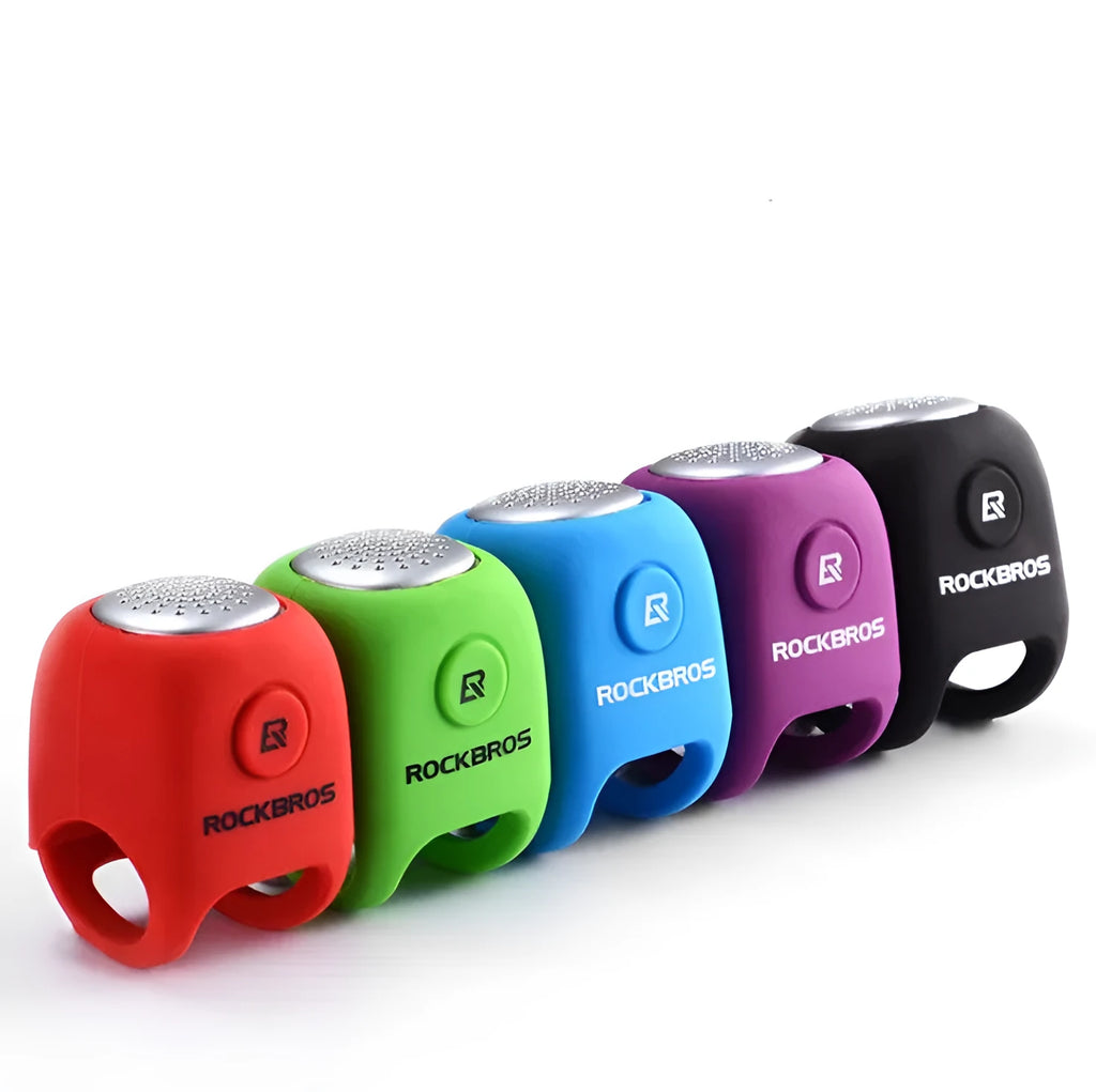 Elastic silicone driving electric horn mountain bike bell in black attached to bicycle handlebars