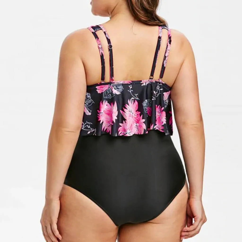 High waist lotus print swimsuit in blue, 80% polyester fabric, sizes XL to 5XL