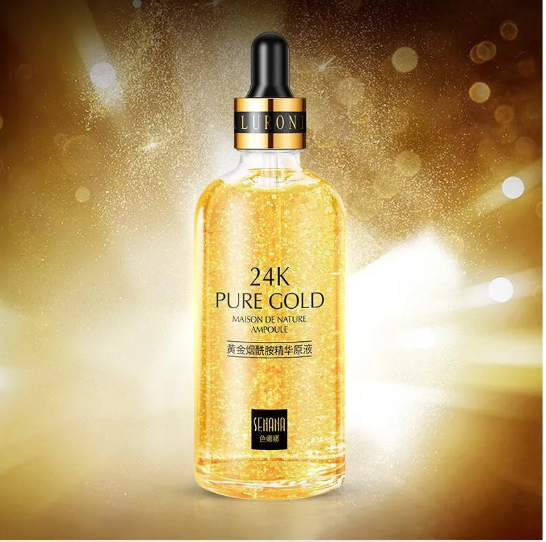 24K gold nicotinamide anti-aging facial essence in a glass bottle with three size options 15ml, 50ml, 100ml