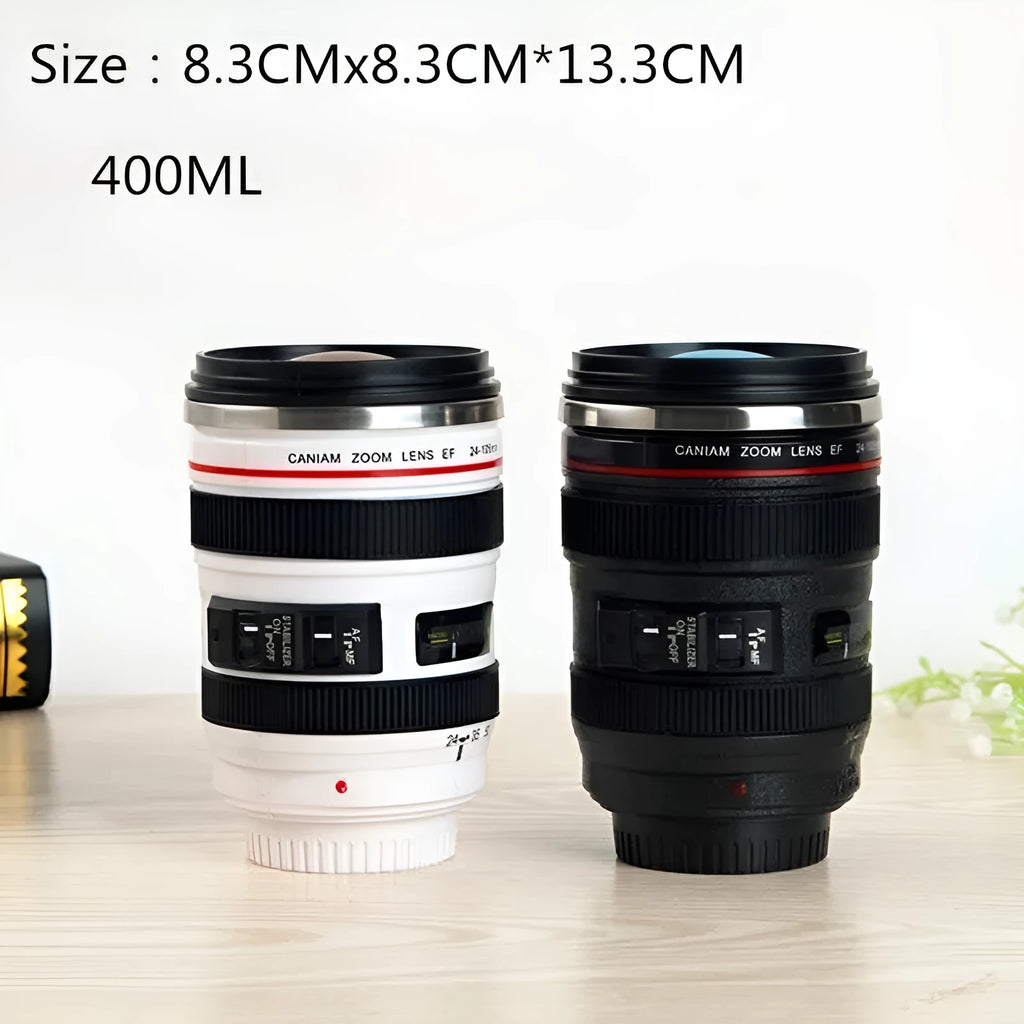 Stainless steel camera lens travel mug in black colour with 400 ml capacity and straight cup design