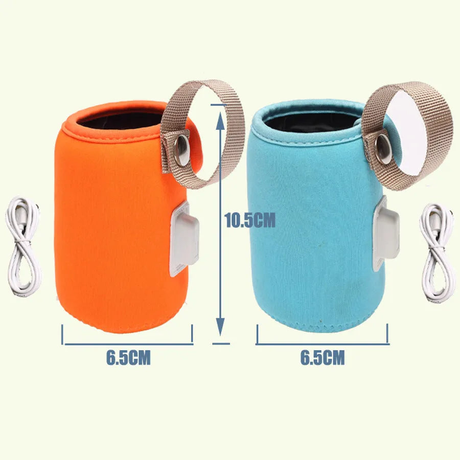 Baby USB bottle warmer with cotton cover showing orange and blue colour options