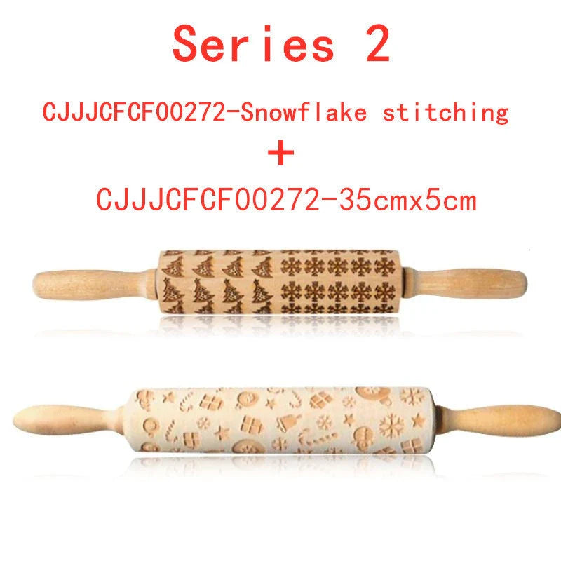 Personalized Christmas rolling pin with a variety of embossed holiday designs, including snowflakes, reindeer, and Merry Christmas patterns