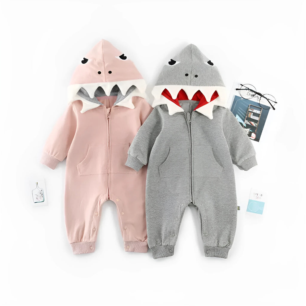 Children's cartoon shark hooded robe in gray, with zipper closure and long sleeves