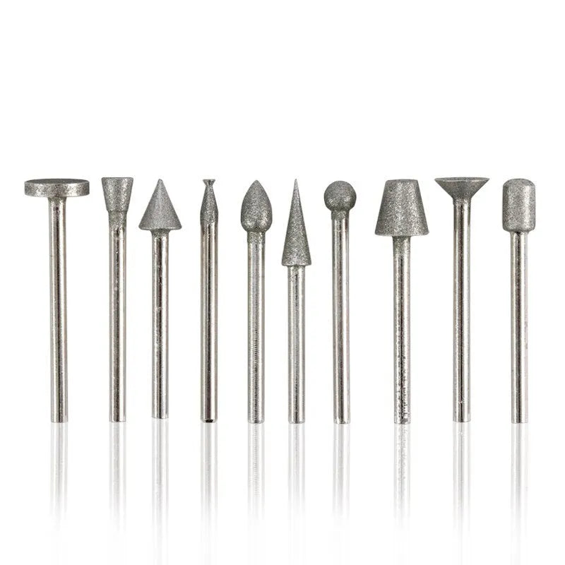 Alloy grinding head set with elliptical cone shape and 3mm shank for glass and stone work
