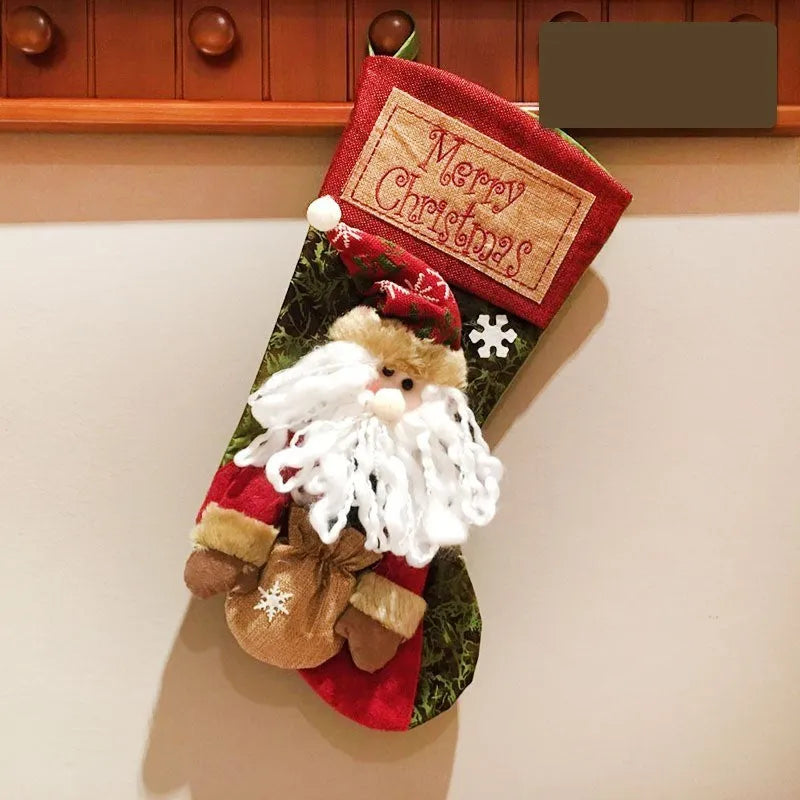 Christmas stocking with 3D Elk appliqué design in mixed colours, made from Burlap cloth with hanging loop