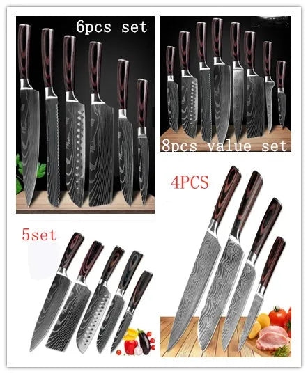 7Cr17 stainless steel kitchen knife with Damascus patterned 18 cm blade and coloured wood handle