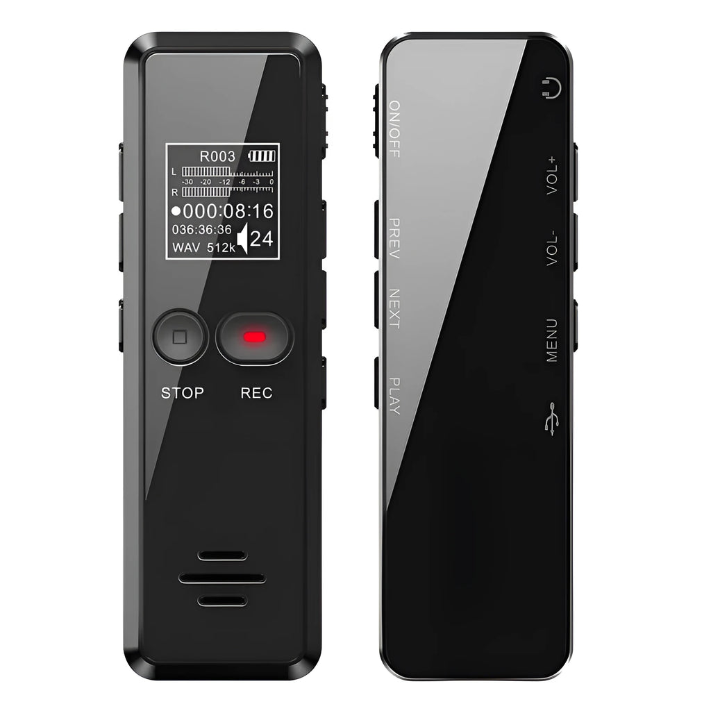 Black zinc alloy USB voice recorder and MP3 player showing LCD screen and USB connector
