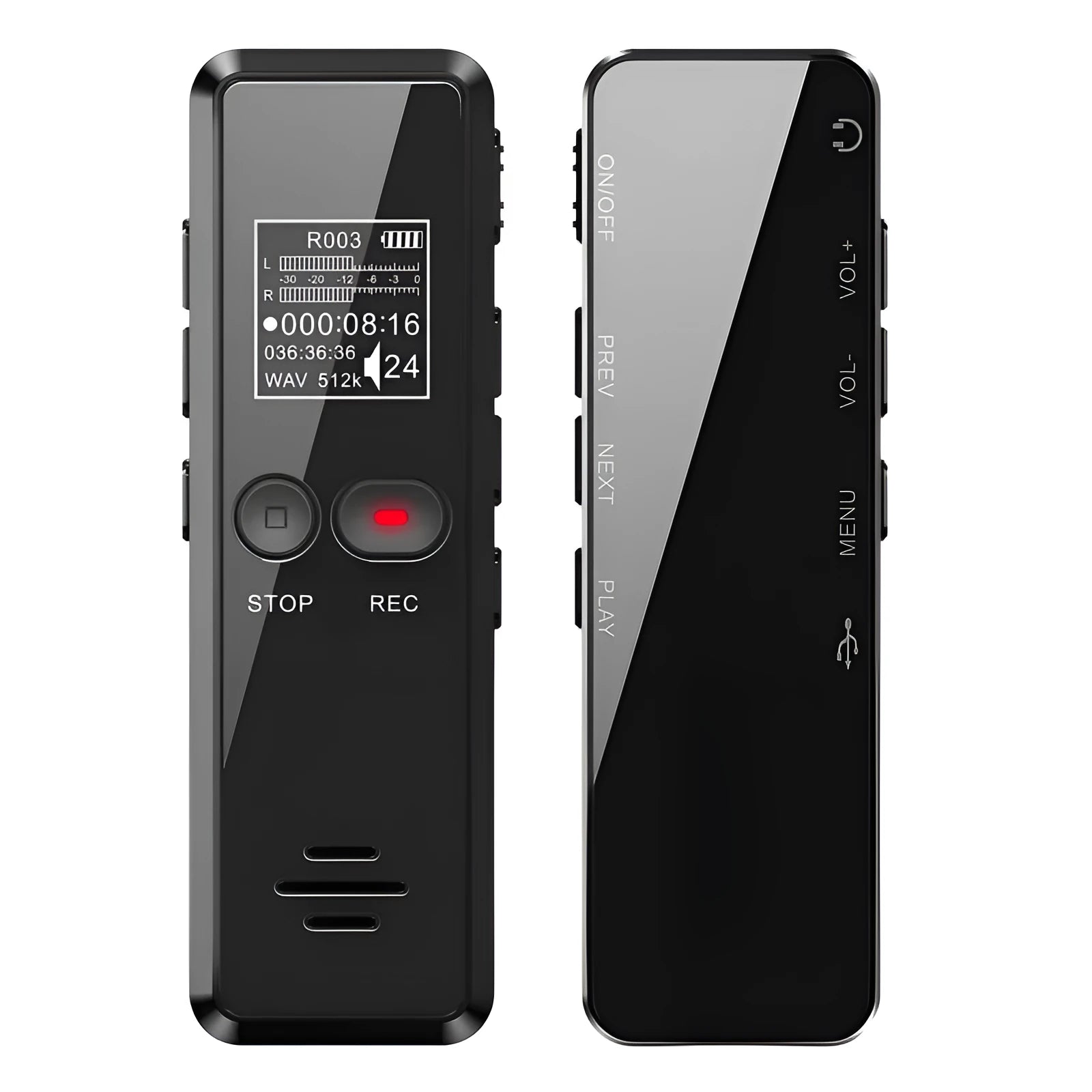 Black zinc alloy USB voice recorder and MP3 player showing LCD screen and USB connector