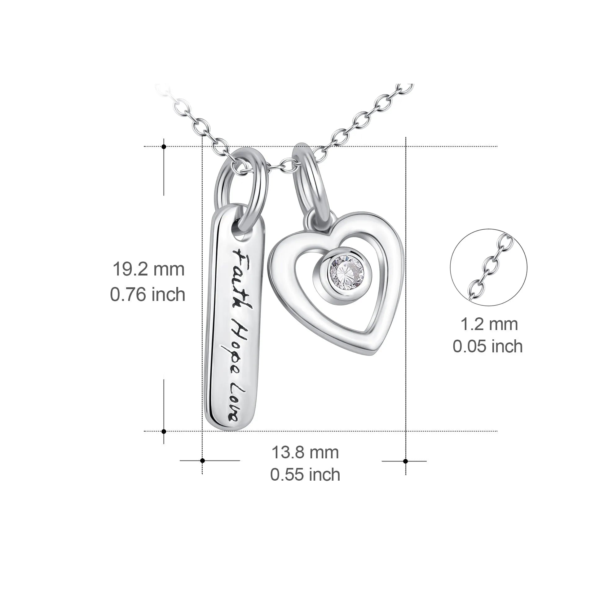 925 silver heart pendant necklace engraved Faith Hope Love with micro drill finish on 18 inch chain