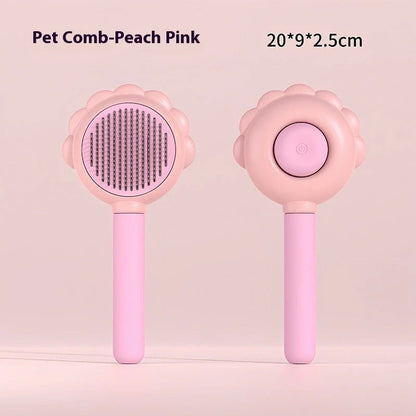 Self-cleaning dog grooming brush with curved comb teeth designed to gently remove excess hair and detangle your pet's coat