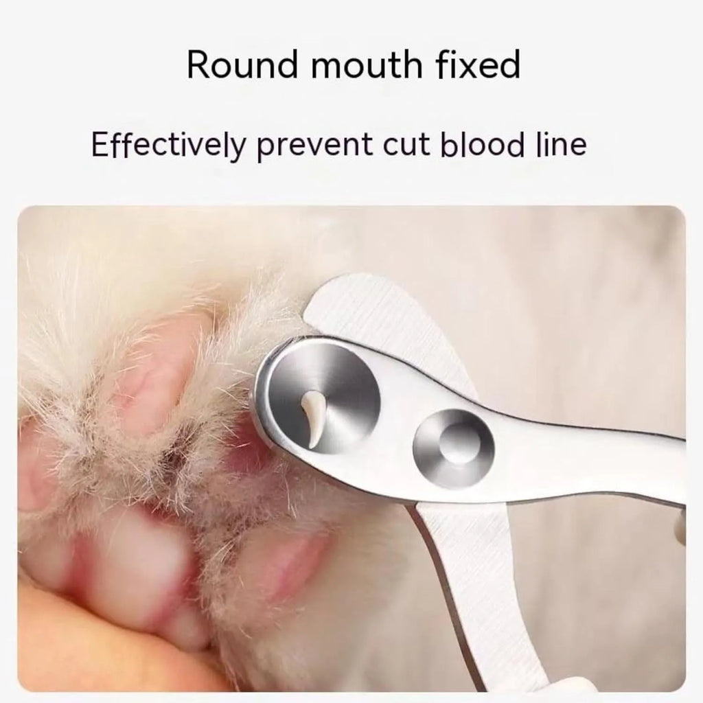 Blue cat nail clippers with circular cut hole and cushioned non-slip handles for safe pet grooming