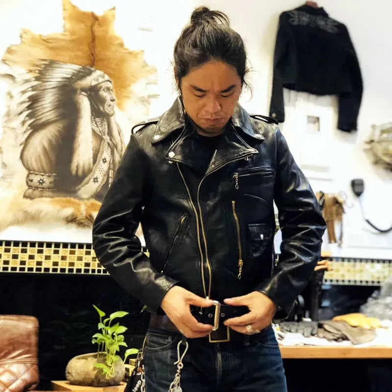 Men's black horse leather motorcycle jacket with acetate lining, plain pattern, sizes S to XXL