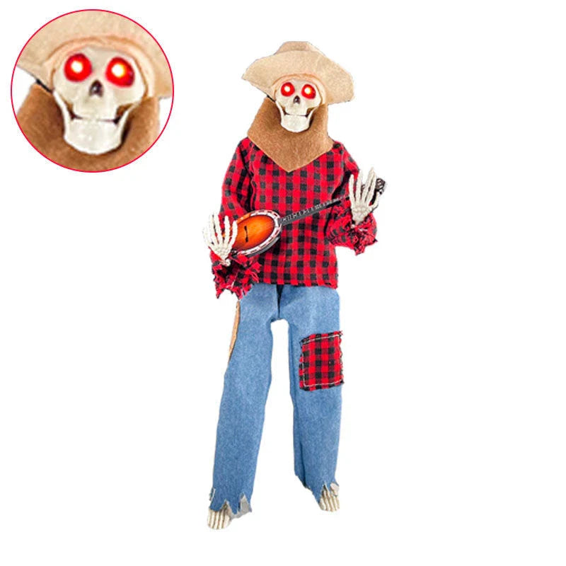 A glowing skeleton decoration holding a bandaged banjo, perfect for spooky Halloween displays