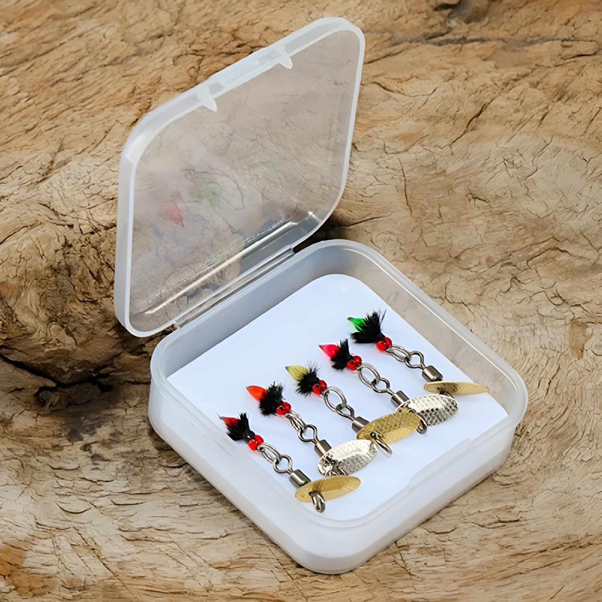 5 bionic mosquito and fly fishing hooks with spinning sequins in multicolour patterns