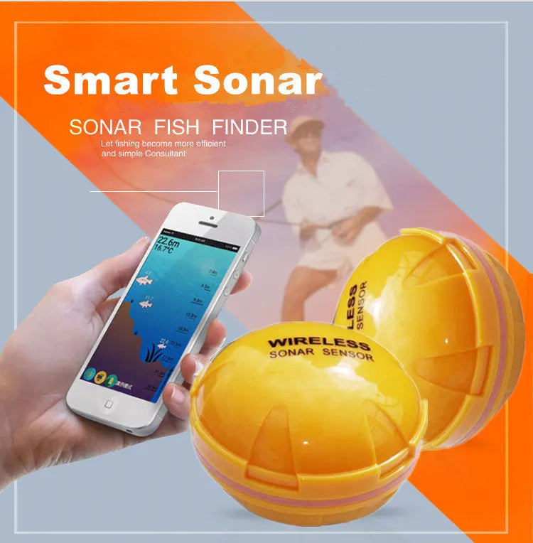 Yellow wireless sonar fish finder with 68x68x50cm dimensions, 125kHz frequency, and Bluetooth connectivity