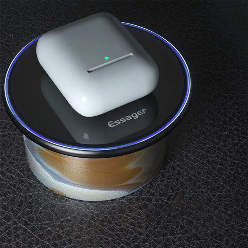 Black wireless charging pad with LED indicator for phones and headphones