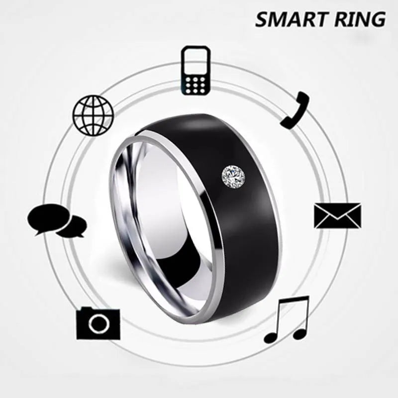 Black NFC multifunctional smart ring in sizes 6 to 13, waterproof and no power supply needed.