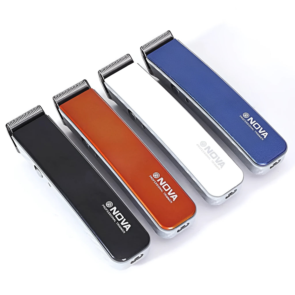 Electric hair clipper in multiple colours showing removable blade head and AA battery compartment.