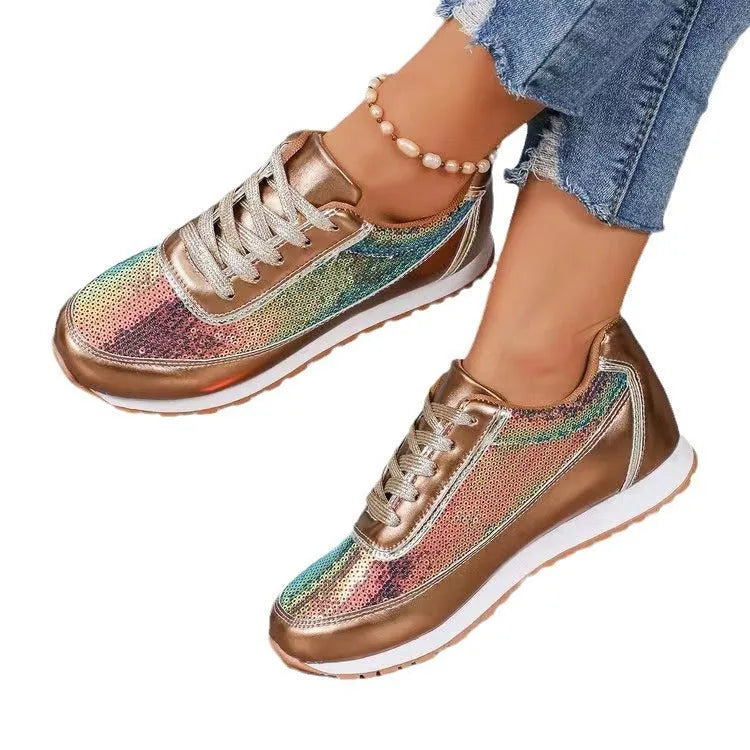 Women's thick-soled casual sneakers in PU leather with square toe design in black, champagne, and silver colours